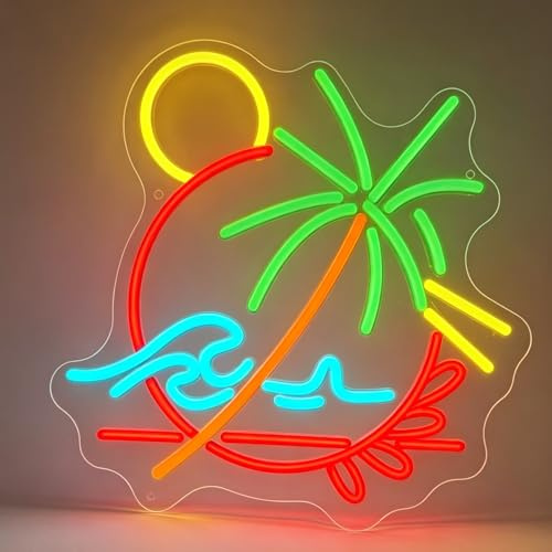 Palme Neon Schild, LED Sea Wave Neon Sign für Wand Deko, Dimmbare Plant Sun Neonlichter USB Power für Schlafzimmer Wohnzimmer Restaurant Männ Höhle Hotel Restaurant Büro Home Party