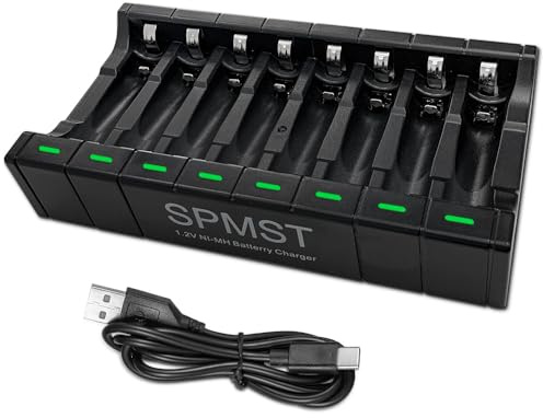 SPMST AA AAA Battery Charger, Suitable for 1.2V Ni MH Batteries, 5V 2A Type-C Fast 8-Slot LED Light as Charging Indicator, Rechargeable AAA Battery Charger