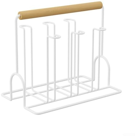 Gettimore Soporte para vasos de vino de cocina con mango de madera, soporte escurridor de botellas de metal para 6 botellas, puntas de silicona antideslizantes, para tazas de agua, botellas de cerveza