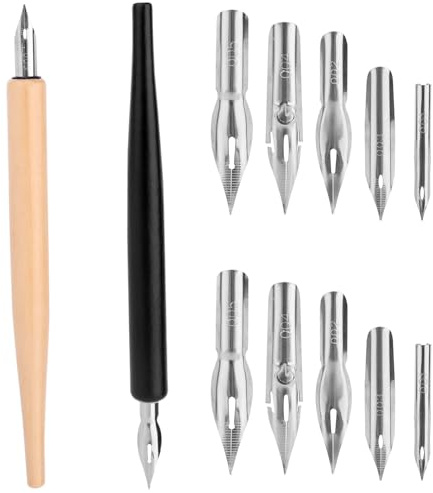 Penitue Comic Tauchstift Set mit 2 Holzhaltern und 10 Ersatzfedern aus Edelstahl, 5 Verschiedene Federformen für Kalligrafie Zeichnen Schreiben Skizzieren und Signieren