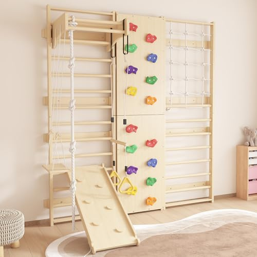 Cofiyard 9-in-1 Swedish Ladder Wall Gym & Climber, 94.5'' Wooden Wall-Mounted Climbing Set with Double-Sided Slide, Swing, Rope, Rings, Monkey Bars, Kids Indoor Playset, Wooden Climbing Jungle Gym