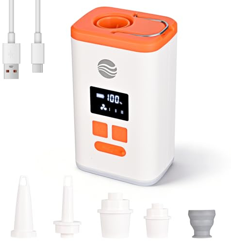 Mini Air Pump for Inflatables, Portable Electric Air Pump with Camping Light, 6 Universal Nozzles, Air Pump for Pool Float, Air Mattress Bed, Vacuum Bag