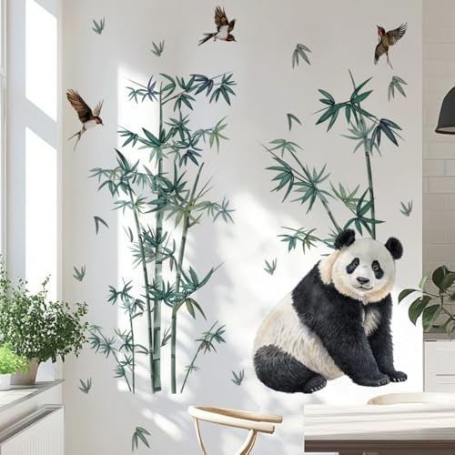 COVPAW Panda Wandtattoo Bambus Vogel Wandaufkleber Grüne Bambus Selbstklebend Wandsticker für Kinderzimmer Wohnzimmer Schlafzimmer Kindergarten Möbel usw.