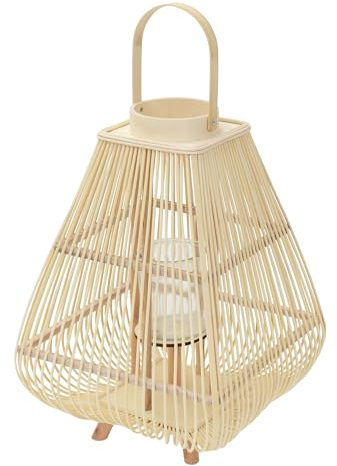 ECD Germany Bambus Laterne, Windlicht 63,5 cm, Holzfarbe, Gartenlaterne mit Henkel & Glaseinsatz, Boho Bambuslaterne, Kerzenhalter Flechtoptik, Innen/Außen, Deko Laterne für Terrasse Balkon Wohnzimmer