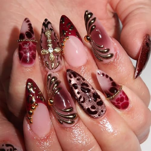 Bukecagif 24 Stück Press on Nails Mandelform, künstliche Fingernägel lang, Burgund Leopard Ombre Strass, ABS, für Party DIY, mit Klebepads Feile
