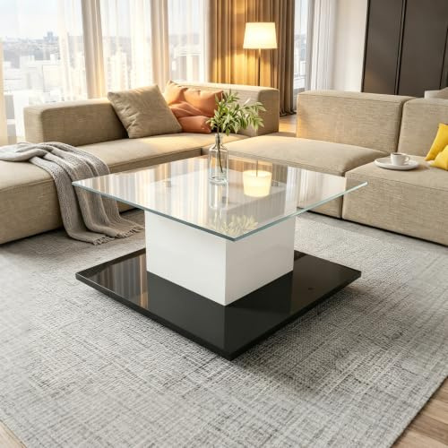 Couchtisch Hochglanz Glas Wohnzimmertisch Modern mit Rollen Beweglicher Kaffeetisch Beistelltisch für Wohnzimmer Lounge Design Teetisch Sofatisch Pflegeleicht Rechteckig Großer Tisch Grau