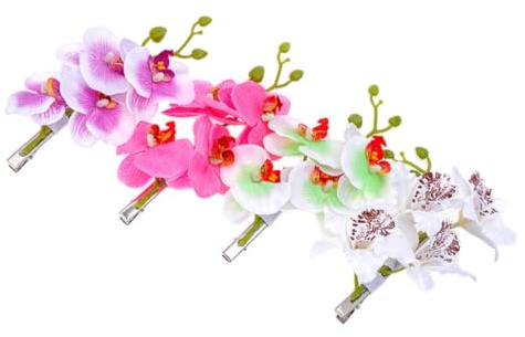Orchideen Haarspange mit Stoffblume und Metall 4 Stück Zufällige Farbe | Blumen Haarschmuck Orchidee, Phalaenopsis Form, für Reise und Musikparty Zufällige Farbe