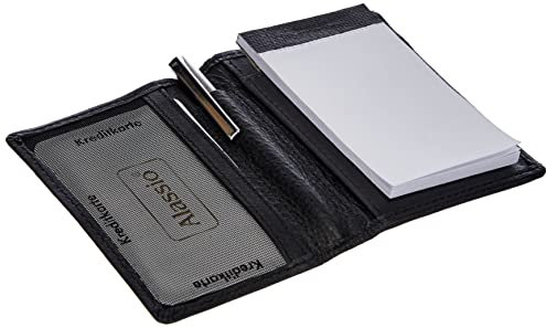 ALASSIO 43065 Notizblock-Etui MONZA Notizbuch aus echt Leder schwarz, 7,5 cm x 10 cm, Netzfach für Visitenkarten, Notizblock, Kugelschreiber