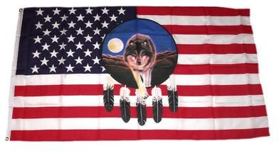 Flagge Fahne USA - Wolf mit Feder 90 x 150 cm FLAGGENMAE®