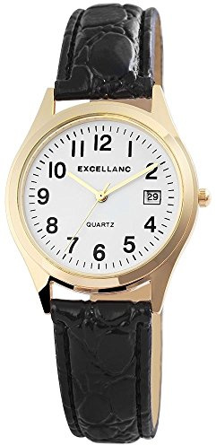 Excellanc Damen-Uhr Kunstleder Armband Dornschließe Datum Analog Quarz 2900217 (schwarz goldfarbig weiß)
