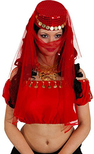 NET TOYS Orient Schleier und Kappe Bauchtanz Kopfschmuck rot Gesichtsschleier und Mütze Harem Tänzerin Kopfbedeckung Arabischer Haarschmuck Bollywood Kostüm Schmuck Karnevalskostüme Accessoires