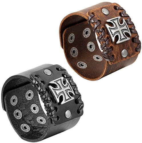 JewelryWe Schmuck 2pcs Herren Armband, Breit Kreuz Armreif, Verstellbaren Größen, Leder Echtleder Legierung, Schwarz Braun Silber