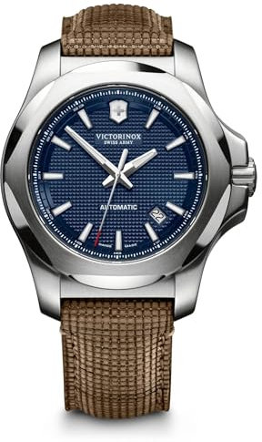 Victorinox Herren Armbanduhr I.N.O.X. Mechanical Ø 43mm, Swiss Made, Automatik, Wasserdicht bis 200m, 3-Fach Saphirglas, Wood Strap Armband, Blau/Braun, 241834