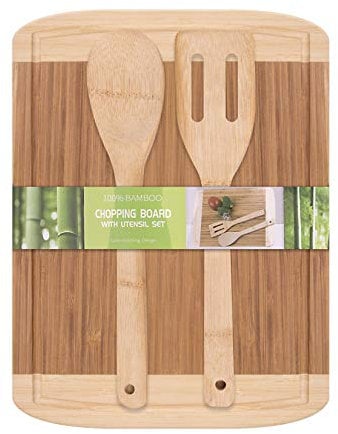 Woodluv Chef Professional Large Chopping Board Butcher for Kitchen with Dripping Juice Collecting Groove & 2 Utensils, Slicing & Dicing Meat, Vegetables, and Cheese - 35cm x 25cm
