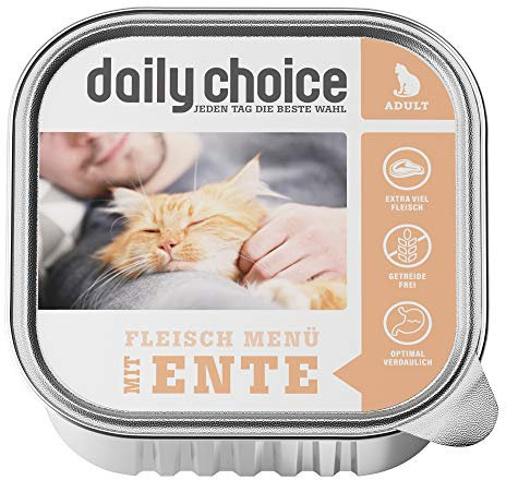 daily choice - 12 x 100 g (Schale) - Nassfutter für Katzen - getreidefrei - Fleischmenü mit Ente - Hoher Fleischanteil (70%) Pures Fleisch und Innereien