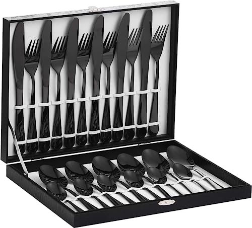 Velaze Besteck Set Schwarz, Besteck Set 12 Personen, 18/10 Edelstahl Besteckset 48-teilig, Bestecksets mit Messer, Löffel und Gabel, Spiegelpoliert, Schwarzes Besteck mit Geschenkbox