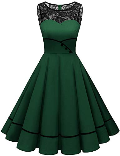 Bbonlinedress Robe de Soirée Noël Cocktail Vintage Femme Années 50s 60s Style Audrey Hepburn Swing pour Fête Mariage Bal Promo Baptême Gala Ligne A Dark Green L