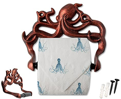 Decorative Cast Iron Octopus Toilet Paper Roll Holder – Wall Mounted Octopus Décor for Bathroom – Kraken, Nautical Bathroom Accessory – Easy to Install w/included Screws and Anchors - Copper & Black