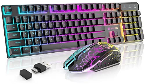 T3 Drahtlose Tastatur Maus Combo, orange beleuchtete 2.4G wiederaufladbare mechanische Feel Tastatur + 2400DPI 6 Tasten Optische LED-Maus + kostenlose Gaming-Mauspads (schwarz / orange)