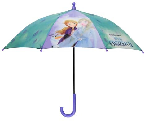 Disney Frozen 2 Parapluie Canne Enfants - Long Petit Parapluie La Reine des Neiges Violet Bleu Coupe Vent Solide - Parapluie Manuel Fillette Anna Elsa Olaf - Fille 3/5 Ans - Diamètre 66 cm - Perletti