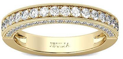 Jeulia Damen Band Ring Gold Tone Round Cut Sterling Silber für Frauen Freundin Frau Verlobung Hochzeitstag Versprechen oder Geburtstag mit Schmuckschatulle (57 (18.1))