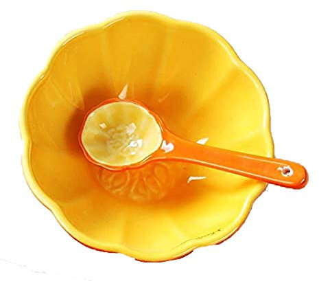 Keramik-Schüssel-Set mit 3 niedlichen Obst-Melonenschüsseln und Löffeln für Kinder zum Essen und für Partys (Kürbis, Schüssel + Löffel)