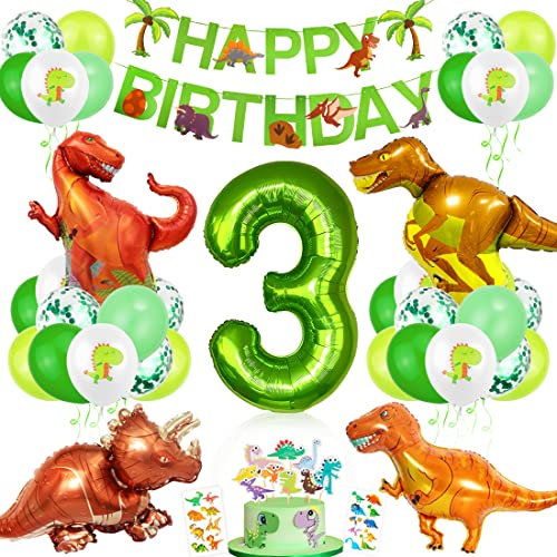 Dino Geburtstag Deko 3 Jahre, XXL Dino Luftballons Geburtstag 3, Geburtstagsdeko Jungen 3 Jahre Dinosaurier, Folienballon 3 Dino Ballons Grün für Kindergeburtstag Dinosaurier Partyset Dekoration