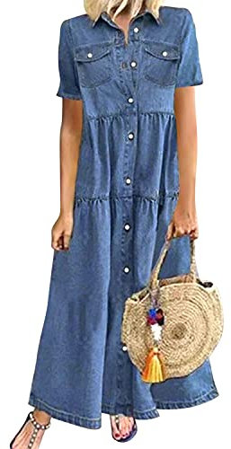 Womens Summer Short Sleeve Button Down Long Denim Dress Casual Loose Fit Maxi Shirt Dress with Pockets (UK 16/Tag XXL) Dark Blue