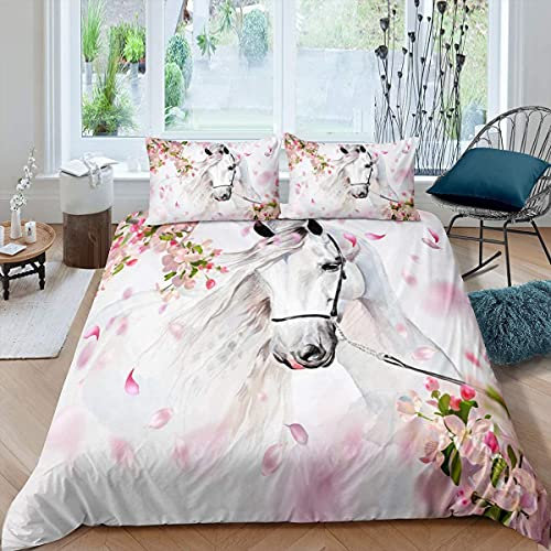 Loussiesd Pferd und Blumen Drucken Bettwäsche Weißes Pferd Bettbezug Set Rosa Blumen Betten Set Aquarell Wildtier Design Bettwäsche Set 135x200cm für Schlafzimmer Dekor Tierwelt