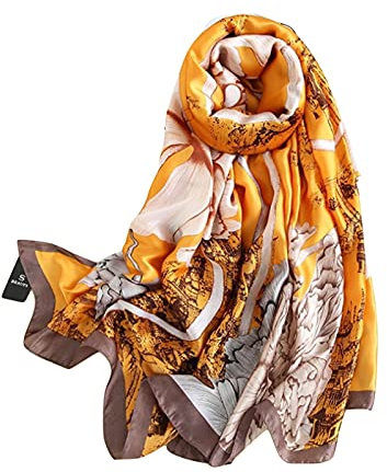 Silk Scarf Women Chiffon Shawl Stain Neckerchief Long Head Wrap Lightweight Scarf Ladies Hijab Belt Vintage Bridal Shawl Chiffon Scarf Muslim Cloth floral Christmas Scarf (Yellow)