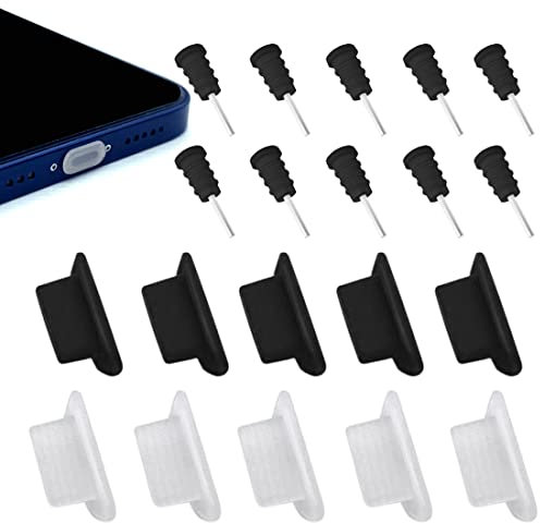 CKANDAY 10 Pairs Dust Plugs Set Compatible with iPhone 13, 12, 11, X, XS, XR, 8, 7, Plus, Pro, Max, Mini, iPad, Air Pods Charging Port and Earphone Jack, Silicone Anti-Dust Pluggy Caps, Flat Design