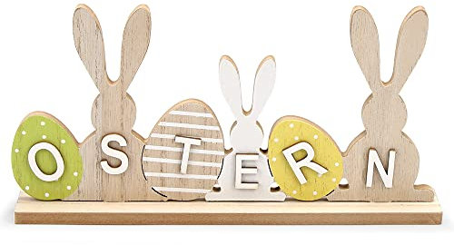 Meleager Osterdeko Aufsteller, Ostern Schriftzug Holz, Osterdeko Schriftzug Zum Hinstellen mit Osterhase Osterei, 1 Stück Osterdekoration aus Holz Aufsteller
