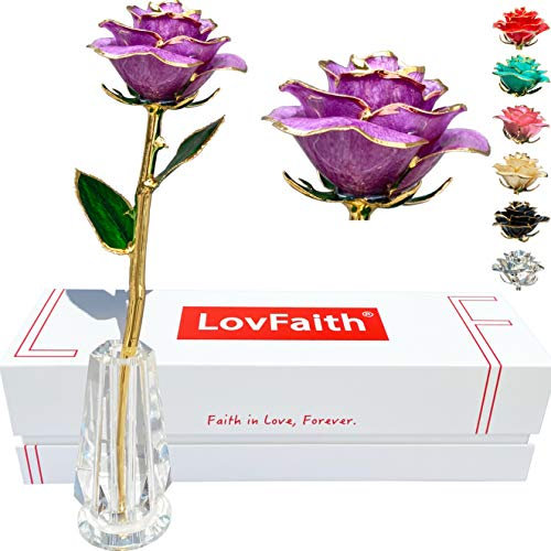 Eaasok LovFaith 24K Gold Dipped Real Rose with Crystal Stand, Anniversary Valentines Day Romantic Gift for Her Wife Mom