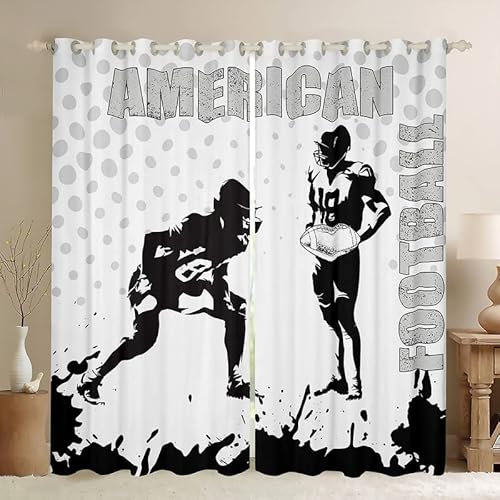 feelingyou Cortina de fútbol americano para dormitorio, cortinilla de ventana para niñas y adolescentes, arte negro y blanco graffiti decoración de la habitación, microfibra duradera, 66 pulgadas de
