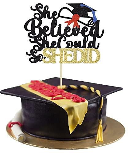 1Pc She Believed She Could So She Did Cake Topper Gold Glitter 2025 Graduation Cake Topper Decorations for Girls Congrats Grad Graduation Party Supplies