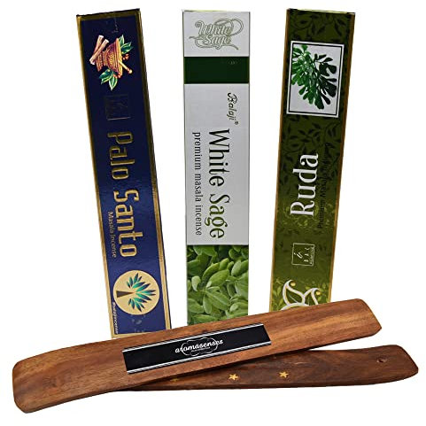 Aromasenses - Balaji Räucherstäbchen 3 Packungen à 15 Gramm, Beifuß, Weißer Salbei und Palo Santo + 1 Aromasenses Tafel