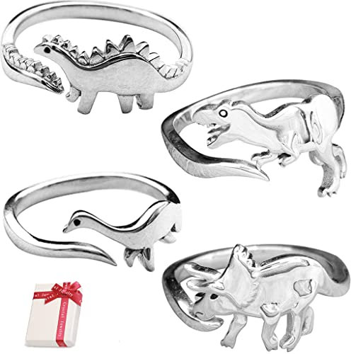 Ouceanwin 4 Stück Dinosaurier Ring Offen Silber Set, Verstellbar Gothic Ringe Offene Punk Dino Schmuck Vintage Ring Dinosaurier Finger Ring Schmuck für Frauen Männer