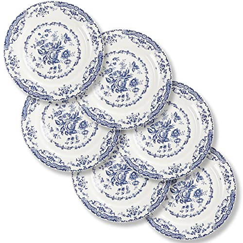 HomeElves Dinner Plates Set of 6, 10.5 inch Blue Rose Floral Plate