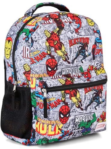 Marvel Comics Allover Schulrucksack – Avengers, Spiderman, Captain America, Iron Man, Hulk – offizielle Marvel Büchertasche, Weiss/opulenter Garten, Einheitsgröße