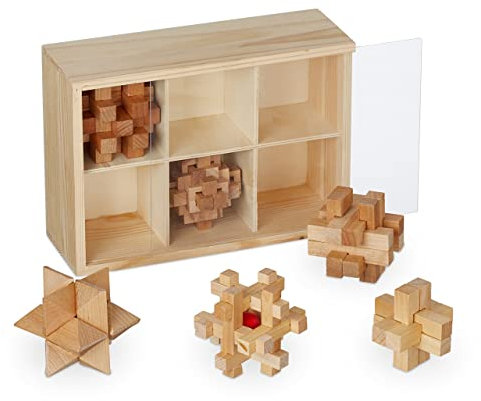 Relaxdays Knobelspiele für Erwachsene & Kinder, 6 Denksport Puzzle, Geduldspiele Holz, mit Box, Holzknobelei, natur, 9,5 x 26,5 x 18,5 cm