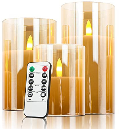 LED Flameless Candles Flickering with Timer & Remote Control, Battery Operated Warm Light LED Gold Glass Candles Gift Set, Set of 3 Pillar Candle of 4 5 6 for Party Wedding Christmas Decoration