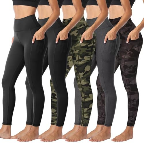 Sundwudu 5er-Pack Leggings mit Taschen für Damen, Bauchkontrolle, hohe Taille, weich, schwarz, Workout-Yogahose, 2 Taschen: Schwarz + Dunkelgrau meliert + schwarzer Druck + Camouflage, Large-X-Large