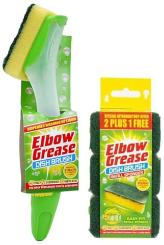 Elbow Grease Fillable Washing Up Brush with Sponge- Ergonomic design handle - with 3X Elbow Grease Sponge Refills