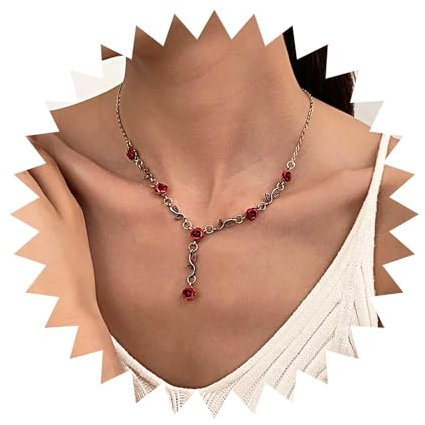 Inilbran Collana Boho Rose Y Lariat Collana girocollo con fiori di rosa vintage Collana con catena con cuciture a rosa rossa Collana con ciondolo fiore di rosa Gioielli per donne e ragazze