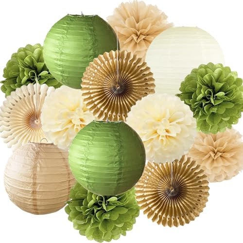 Faroles de papel para decoración de fiestas, color verde oliva, bronceado, marrón, crema, pompones de papel de seda, decoraciones rústicas de color verde oliva para cumpleaños, baby shower, fiesta