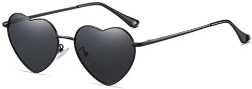 WDZAYXC Polarisierte Herz geformte Sonnenbrille für Damen Vintage Metallrahmen Nette Gläser für Party und Festival(schwarz/Grau)