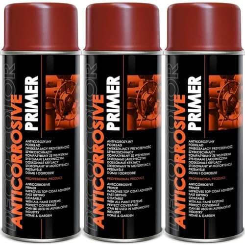 Deco Color 3 Stück ANTICORROSIVE PRIMER ROTBRAUN 400ml - Grundierung/Haftgrund für z.B. Alufelgen, KFZ, Holz, Beton uvm. (3 Dosen 400ml Grundierung Rotbraun)