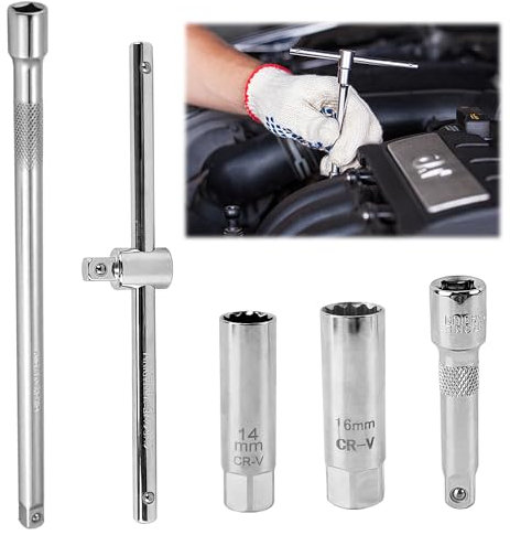 5 Pezzi Chiave per Candele, Presa per Candele da 16 mm + 14 mm, con Asta da 76 mm + 251 mm, Chiave per Candele con Impugnatura a T per Auto e Moto