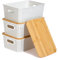 APOMOONS 3 PCS Scatole di Conservazione con Coperchio in Bambù Scatole Portaoggetti Bianche con Manici Contenitori in Plastica Coperchio in Legno Impilabili Organizer Bagno Cucina Portaposate