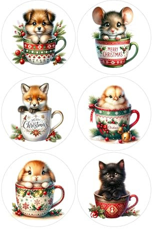 12 Christmas Mugs Cuties Selection - Card Making Toppers Self Adhesive Circles - Glossy Finish Medium 88mm (3.5 inches) Diameter - Pack of 12 (Two Sheets of 6) - Crafts Labels